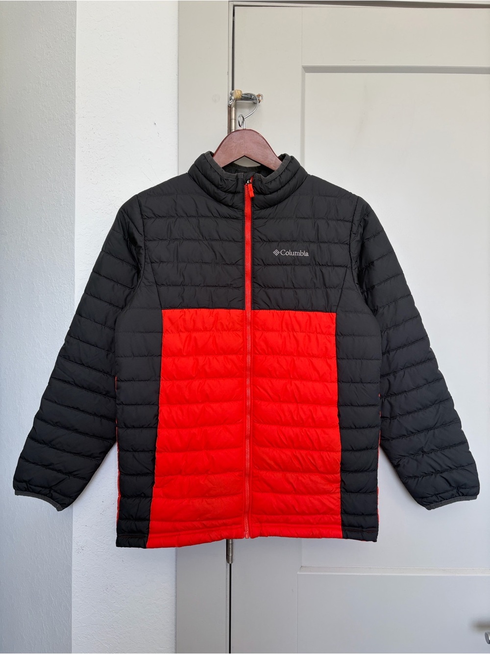 COLUMBIA POWDER LITE II ORANGE GREY HOODED PUFFER JACKET BOYS LARGE